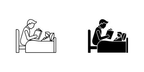 Parent reading a bedtime story to child in bed, line art and silhouette icons, isolated on
