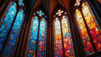 Tall gothic windows in a church glow with colorful stained glass patterns of blue yellow and red. Sunlight streams through ornate glasswork creating a holy divine ambiance.