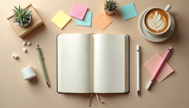 Flat lay of an open notebook, pens, sticky notes, and a coffee cup. Clean desk with plant, ready for planning or creative work. Neutral background with copy space.