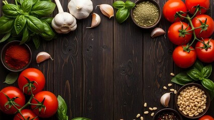 Fresh italian ingredients on dark wood background with copy space