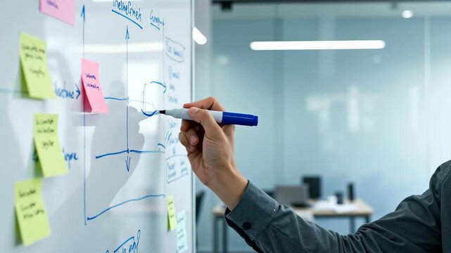 Close-up of a hand drawing a diagram on a whiteboard with a marker. A professional planning a business strategy in a modern office. Corporate brainstorming and development