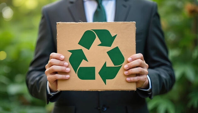 Man in suit holds cardboard sign with green recycle symbol. He stands outside in nature promoting eco friendly practices and sustainability. He supports zero waste.
