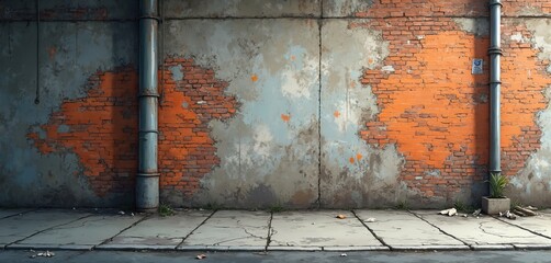 Fototapeta premium Exterior brick wall background with peeling paint and pipes. Grungy urban setting with cracked pavement and some plant life. Offers a raw industrial look.