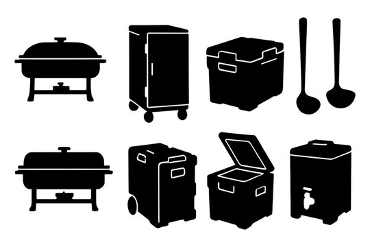 Catering equipment silhouette set: chafing dishes, containers, utensils.