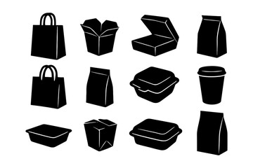 Silhouette icons of various food and drink takeout packaging.