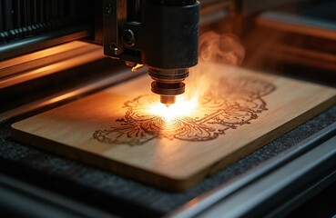 Laser engraving machine works on wooden plank. Modern tech carves floral design on surface. Automated industrial equipment in production. Manufacture concept. Close up on detail of laser engraver
