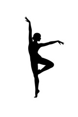 Obraz premium Elegant Ballerina Dancer Silhouette Vector: Woman in Arabesque Pose, Classic Ballet Dance Figure, Minimalist Graphic Design Element for Logo, Studio, or Fashion Print.