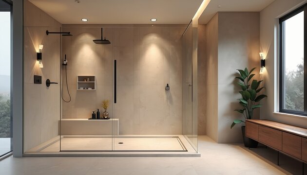 Modern bathroom with walk-in shower features sleek glass enclosure. Stylish lighting fixtures adorn walls. Plant adds natural touch. Minimalist design with neutral tones evokes luxury, relaxation.
