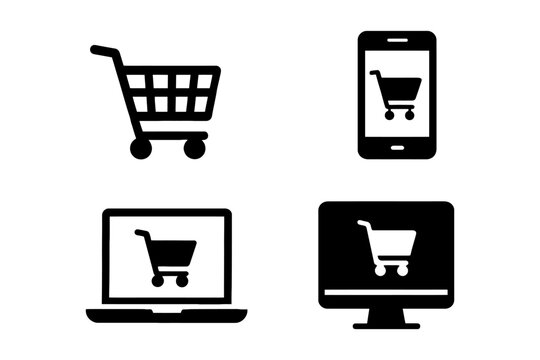 E-commerce icons featuring shopping cart on mobile, laptop, and desktop devices.