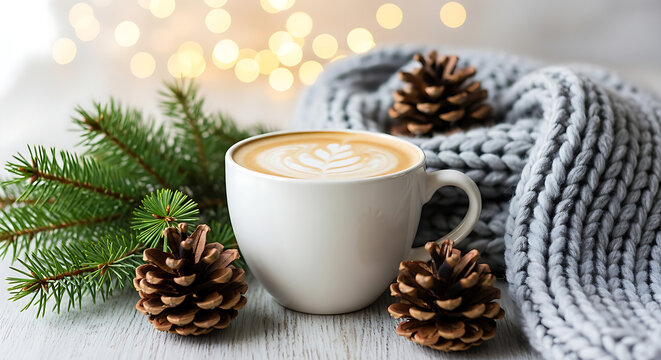 Cozy winter scene with latte pine cones evergreen branch and warm blanket on wood