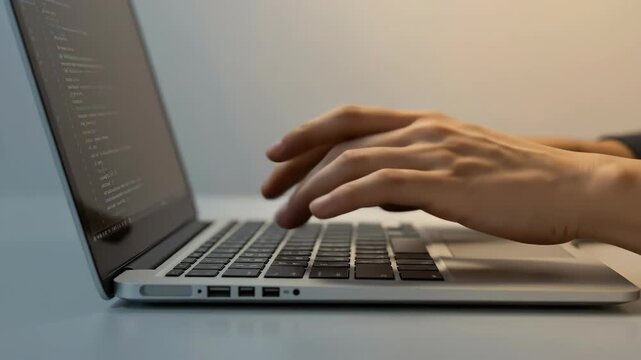 Close-up of hands typing on a laptop keyboard. A programmer writing code for software development. Technology and business concept