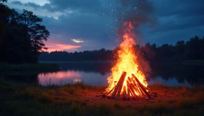 Large bonfire burns on grassy lakeshore at twilight with reflection in water. Fiery flames rise high against dusk sky with clouds. Wood logs stacked fuel heat energy.