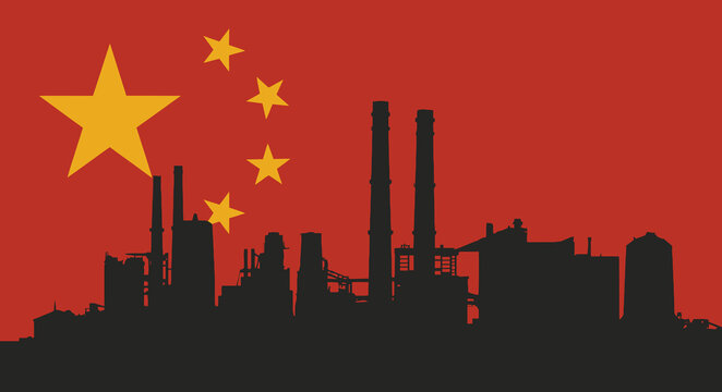 China flag silhouette representing massive Chinese industry, factories, and the economy, symbolizing production, pollution, and global manufacturing