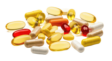 Group of yellow fish oil softgel capsules or vitamin supplements isolated on transparent PNG background