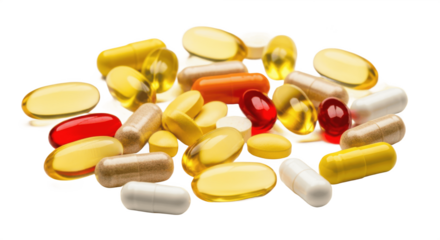 Group of yellow fish oil softgel capsules or vitamin supplements isolated on transparent PNG background