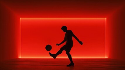 Silhouette Soccer Player Juggling Ball in Minimal Red Light Room - Powered by Adobe