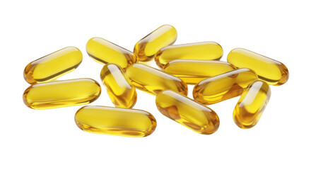 Group of yellow fish oil softgel capsules or vitamin supplements isolated on transparent PNG background