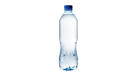 Clear plastic water bottle with blue cap isolated on transparent PNG background