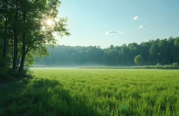 Obraz premium Green meadow stretches to distant forest under bright sun. Light mist rises from wet grass field. Trees cast shadows on land. Blue sky above.