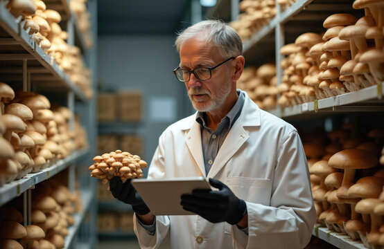 Man in lab coat inspects mushrooms with tablet computer. Shelves full of mushrooms surround mycologist. He holds group of fungi, examines mushroom cultivation on farm.