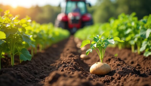 Young potato sprouts from tuber in fertile soil of agricultural field. Red tractor cultivates rows of crops in background. Organic vegetable grows on rural farm representing fresh food production, - Powered by Adobe