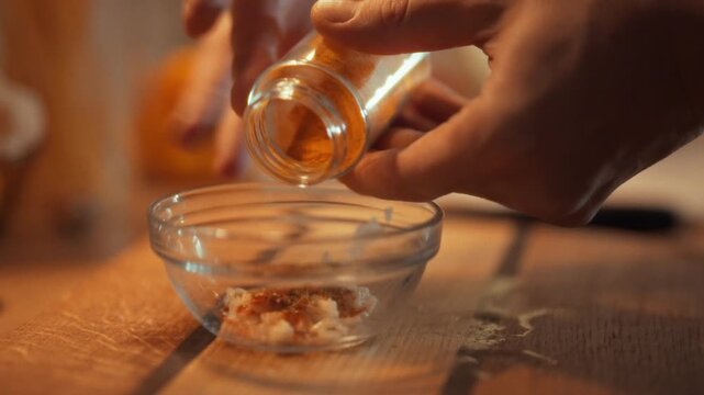 A person is adding a variety of seasonings to a small glass bowl to create a marinade sauce. This activity takes place in a warm, inviting kitchen, perfect for cooking