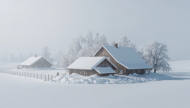 Snow-covered rural farmhouses buried under deep winter snowfall during a harsh blizzard, creating a dramatic peaceful countryside landscape scene. - Powered by Adobe