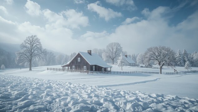 Snow-covered rural farmhouses buried under deep winter snowfall during a harsh blizzard, creating a dramatic peaceful countryside landscape scene.