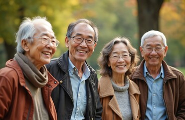 Happy senior Asian friends smile, look at camera in park. Elderly men, women enjoy sunny autumn day outdoors. Wear casual fall clothes. Diverse older adults share joy, connection, true friendship,