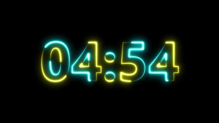 Animation of glowing neon 5 minute countdown timer .5 minute stopwatch , analog neon clock icon animation . 4k animated isolated on black background. - Powered by Adobe