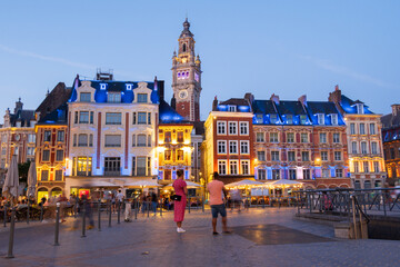 Grand Place of Lille city at nightfall - France