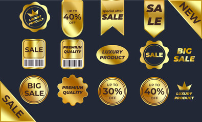 Collection of premium quality golden badges and labels. Luxury gold labels. Premium quality. Sale. Luxury product