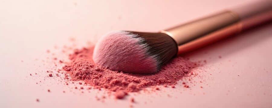 Pro cosmetic brush soft pink powder on bristles. Beauty pigment dust scattered around on smooth peach colored surface. Useful tool helps apply makeup perfectly. Creates flawless look for face, skin,