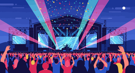 Crowd at concert with stage lights confetti and moon