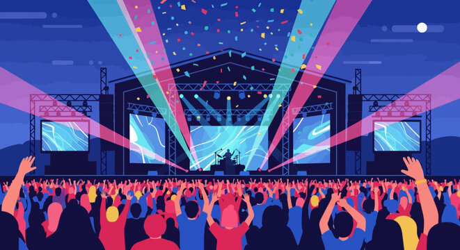 Crowd at concert with stage lights confetti and moon