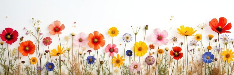 Obraz premium Colorful wildflower meadow with diverse blooms in red pink orange yellow and blue. Thin green stems and dried grasses form a natural border against white backdrop. Floral arrangement in summer garden.