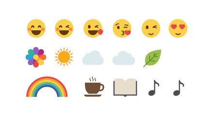 Fototapeta premium Colorful emoji and icon set with smileys, weather, and lifestyle symbols