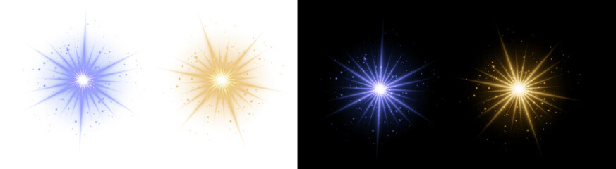 Naklejka premium PNG image of&nbsp;Collection of sparkling light effects in blue and gold tones against a black backdrop perfect for adding a magical touch to graphic designs and creative projects on transparent background