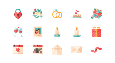 Romantic celebration icons set: love, marriage, and anniversary themes