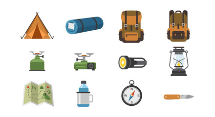 Camping essentials set: tent, backpack, lantern, and outdoor gear icons for adventure enthusiasts