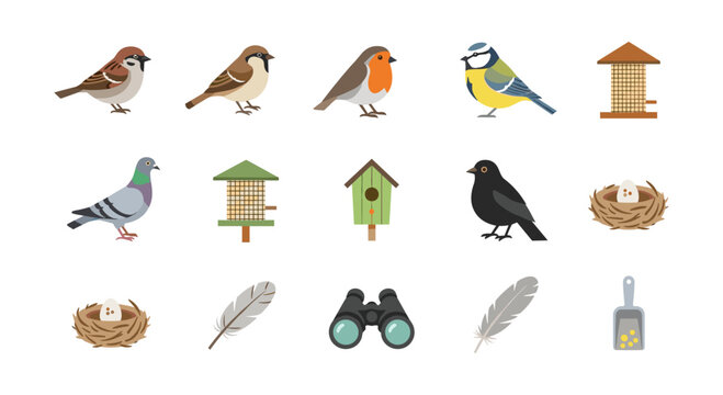 Set of flat bird icons and birdhouse with feathers, nests, and bird feeder