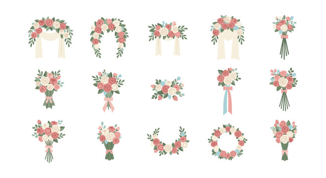 Elegant floral bouquets and arrangements in soft pastel tones