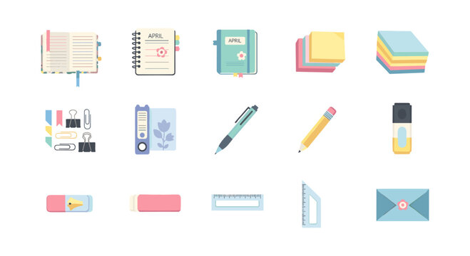 Pastel office supplies: notebooks, stationery, and more in flat design