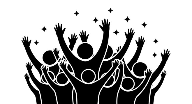 Celebratory silhouette people raising hands with sparkling stars on white background