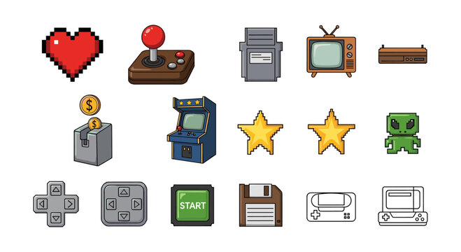 Retro gaming icons: pixel and vintage style game elements for nostalgic design projects
