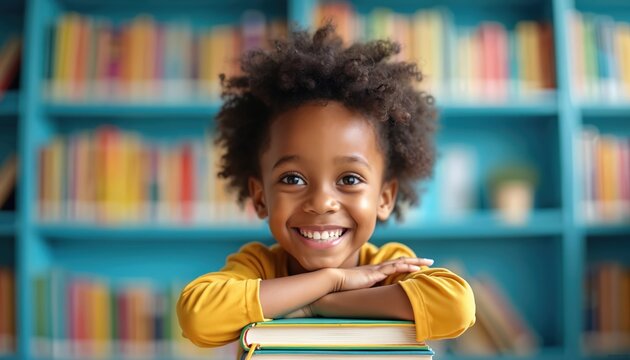 Happy young Black child smiles brightly leaning on stack of books. Kid curly hair. School kid enjoys reading in colorful library classroom background. Young student finds joy in education. Learning