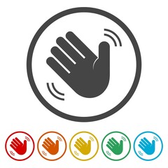 Hand waving hello icon. Set icons in color circle buttons