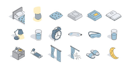 Isometric bedtime collection: essential sleep accessories and relaxation items