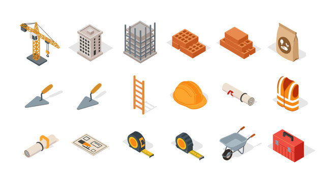 Isometric construction icons set featuring cranes, buildings, tools, and safety equipment