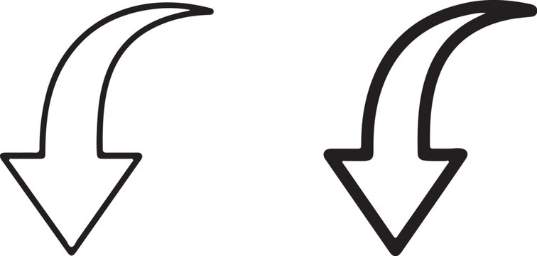 Downward Curved Arrow Icons Outline and Solid Black White Background traced image on transparent background